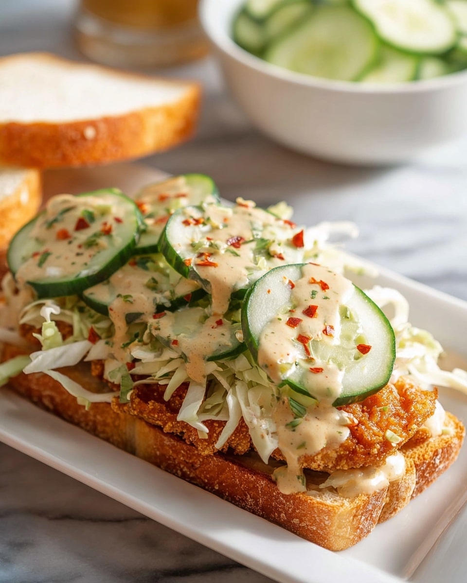 The image shows an open sandwich on a white rectangular plate set on a white marbled surface. The sandwich has three visible layers: the bottom layer is a piece of golden brown, crispy fried chicken with a textured, crunchy coating; on top of the chicken is a layer of thinly sliced, pale green cucumber arranged in overlapping circles; above the cucumber is a layer of shredded white cabbage. All layers are drizzled generously with a creamy beige sauce dotted with green herbs and red chili flakes. To the right, a slice of soft white sandwich bread is partially visible, propped open to reveal the sandwich contents. In the background, a white bowl filled with thinly sliced cucumber on a similar white marbled surface is slightly out of focus. photo taken with an iphone --ar 4:5 --v 7