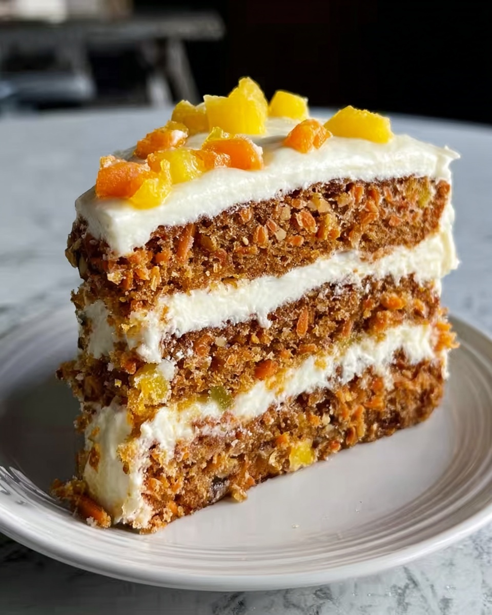 A slice of carrot cake with three thick layers of moist, orange-brown cake filled with bits of carrot and nuts, each separated by smooth, white cream cheese frosting. The top layer is covered with a thick spread of the same white frosting, decorated with small chunks of bright yellow and orange fruit pieces. The slice sits on a simple white plate, placed on a white marbled surface. photo taken with an iphone --ar 4:5 --v 7