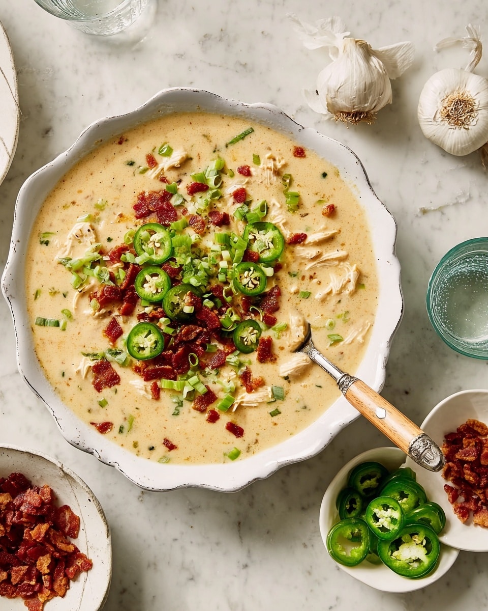 A white scalloped bowl holds creamy beige soup with visible small pieces of chicken and green jalapeños mixed in. On top, a colorful garnish of bright green sliced jalapeños, chopped green onions, and crispy reddish-brown bacon bits add a fresh and crunchy texture. A wooden-handled spoon rests inside the bowl, partially submerged in the soup. Around the main bowl, there are smaller white dishes containing more sliced jalapeños and bacon bits, along with two whole garlic bulbs on a white marbled surface. A clear glass of water sits near the bowl, adding to the simple, fresh presentation. photo taken with an iphone --ar 4:5 --v 7