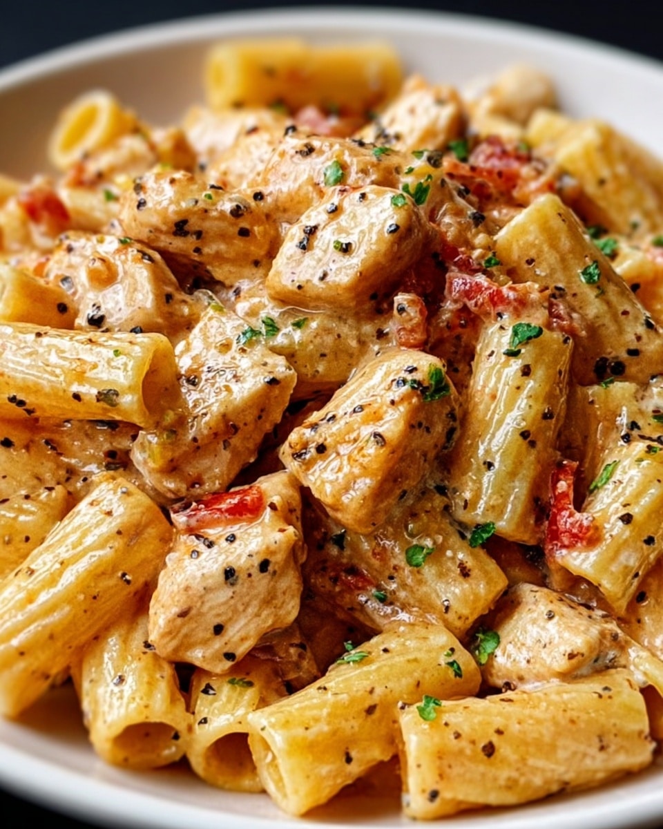 The image shows a close-up of a white plate full of rigatoni pasta mixed with bite-sized pieces of cooked chicken, small bits of red bell pepper, and covered in a creamy, light orange sauce. The rigatoni pasta tubes are slightly glossy and creamy, the chicken pieces are light brown with a tender texture, and the red pepper adds small pops of color. The dish is sprinkled with finely chopped green herbs and cracked black pepper, creating a speckled effect on top. The focus is tight, showing the creamy texture and the mix of ingredients clearly. Photo taken with an iphone --ar 4:5 --v 7