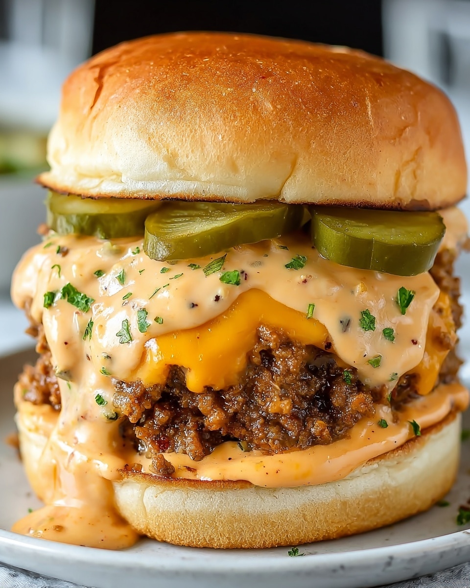 A close-up view of a thick, juicy burger on a white plate, sitting on a white marbled surface. The burger has five visible layers from bottom to top: a soft, light brown bun base; a creamy orange sauce spread on the bottom bun; a large, textured beef patty mixed with small bits of cheese melting on top; a smooth, bright orange layer of melted cheddar cheese that drapes over the beef; a thick layer of creamy beige sauce with small black specks and several sliced green pickles on top; and finally, a soft golden-brown top bun sprinkled with small green herb pieces. Some sauce has dripped onto the plate, adding to the juicy and rich look of the burger. photo taken with an iphone --ar 4:5 --v 7