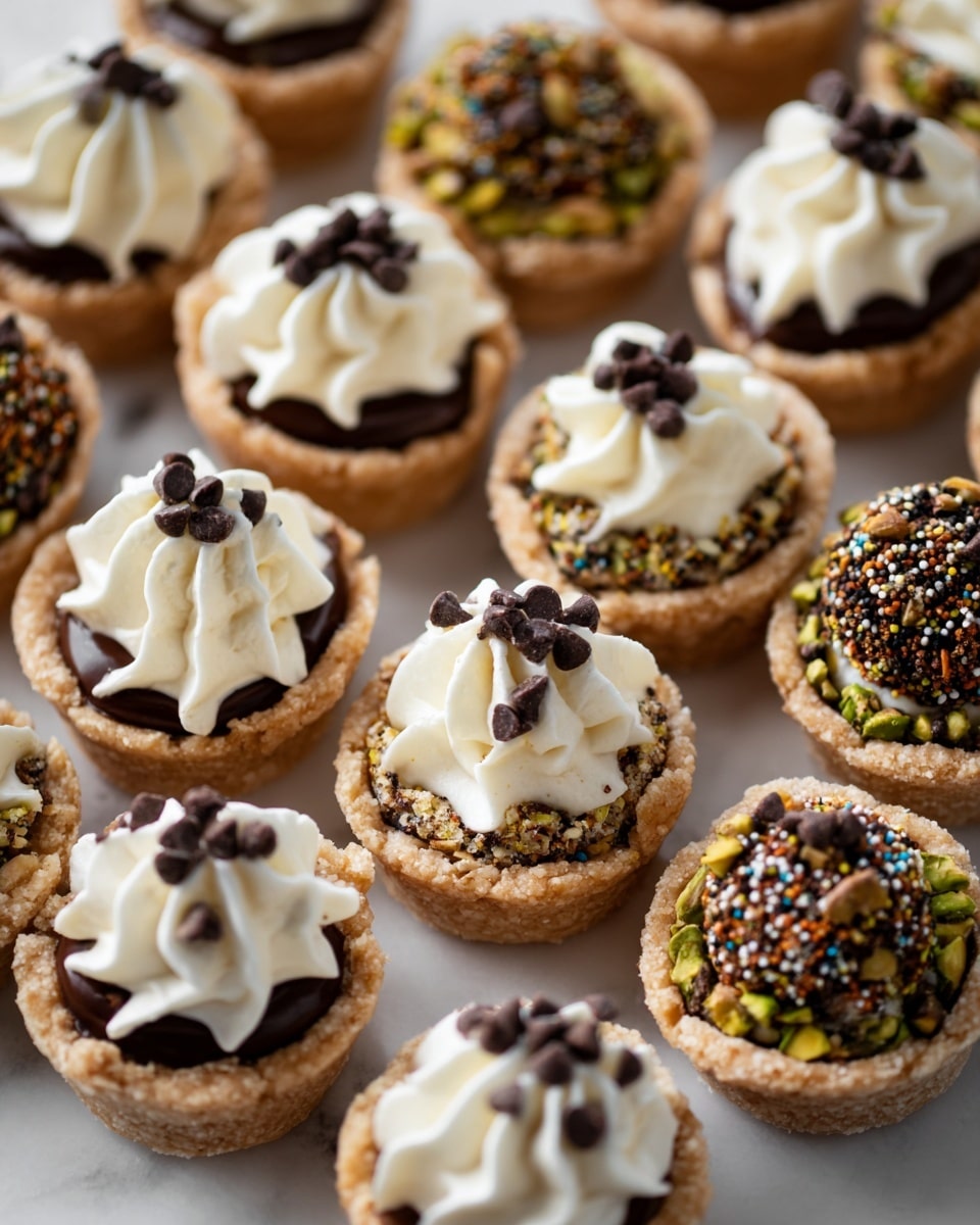 The image shows many small tartlets, each with three layers: the bottom crust is light brown and crumbly, the middle layer is chocolate and dark, with the edges dipped in chopped green pistachios, brown toasted coconut, or colorful sprinkles, and the top layer is a swirl of white cream, some topped with small dark chocolate chips. The tartlets are close together on a white marbled surface, creating a colorful and textured pattern. Photo taken with an iphone --ar 4:5 --v 7