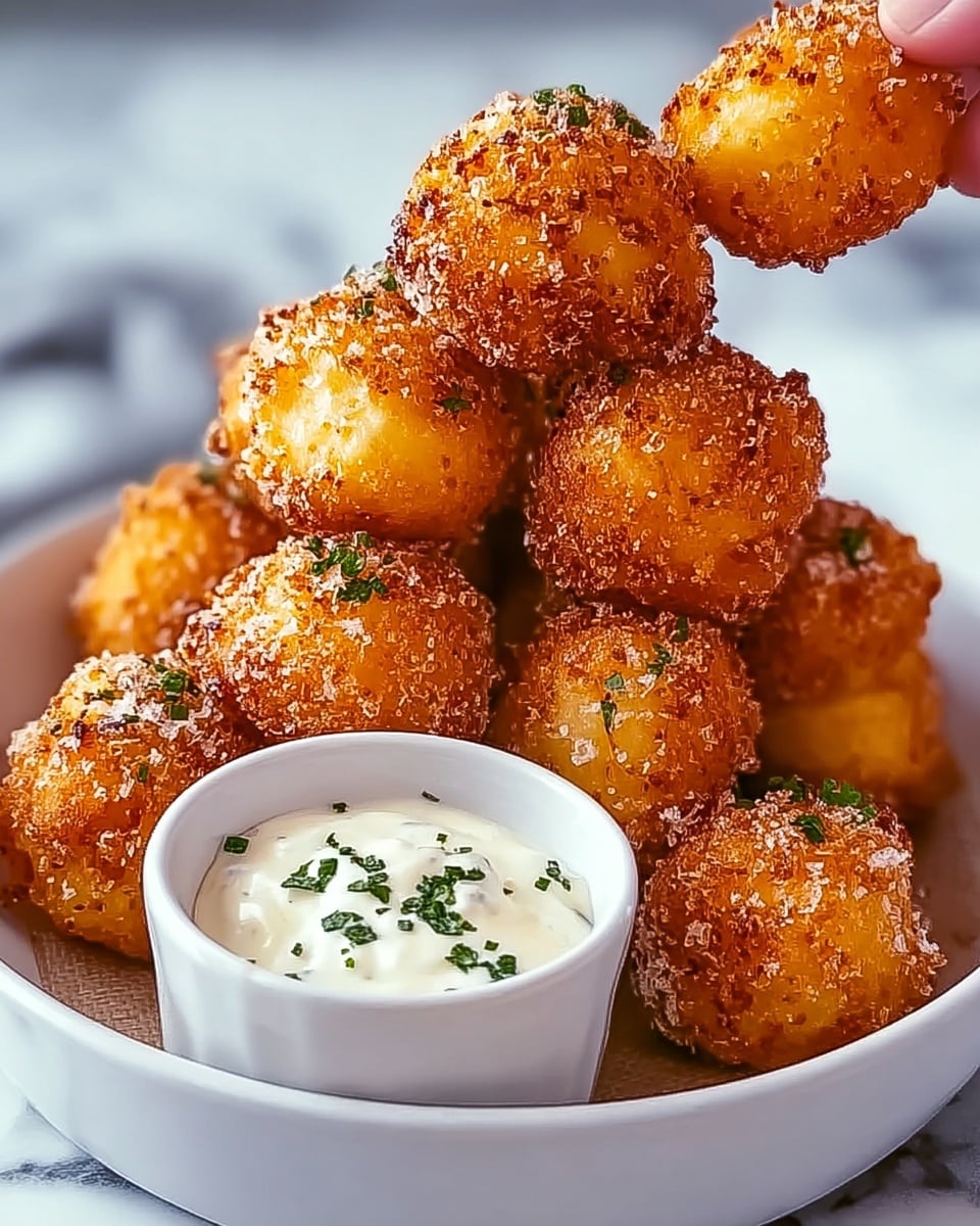 The image shows a white bowl filled with golden-brown fried cheese balls stacked in a pyramid shape, each ball coated with a crispy and slightly rough texture. Next to the bowl is a small white cup filled with creamy white dipping sauce topped with small green herb bits. A woman's hand is holding one cheese ball above the bowl. The background surface is white with a marbled pattern. photo taken with an iphone --ar 4:5 --v 7