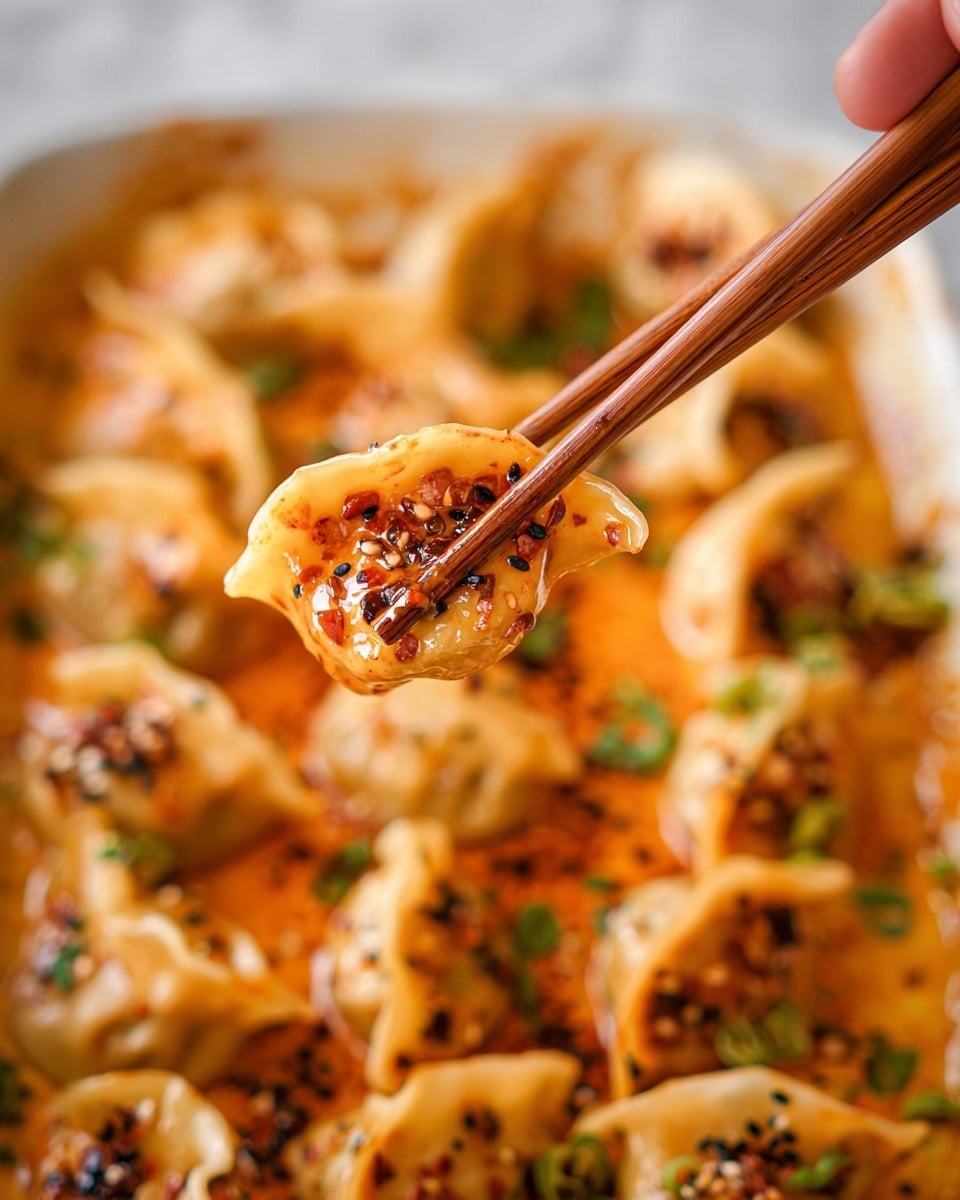 A close-up of a dumpling held by a woman's hand with wooden chopsticks, showing a glossy, creamy orange sauce coating the dumpling, topped with dark chili flakes and sesame seeds, with small green herb pieces sprinkled on top. In the background, there is a white dish filled with many similar dumplings covered in the same sauce and garnished with chopped herbs. The white marbled surface beneath adds a clean, bright touch. photo taken with an iphone --ar 4:5 --v 7
