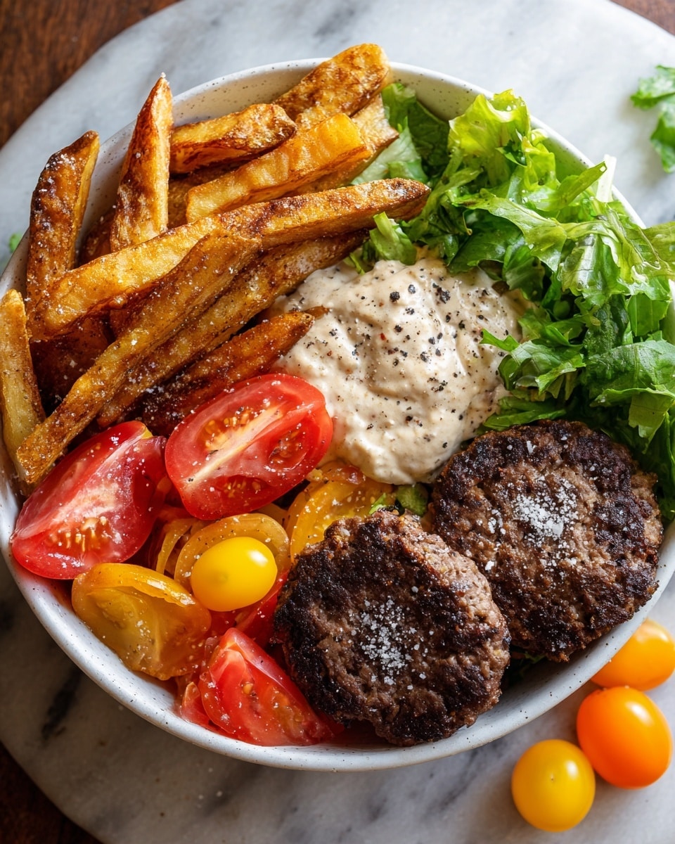 A white bowl filled with a fresh mix starting from the bottom left where there are green leafy lettuce and several slices of red and yellow tomatoes, adding bright colors and juicy textures. Next to the tomatoes, on the right side, there are two dark brown, grilled burger patties with a slightly rough texture and some coarse salt grains on top. Above the patties, there’s a creamy beige sauce speckled with black pepper, heading into thick, golden-brown French fries stacked diagonally, with visible herbs and sea salt crystals adding a crunchy look. The bowl sits on a white marbled surface, and there are a few small yellow and orange grape tomatoes around the bowl. photo taken with an iphone --ar 4:5 --v 7