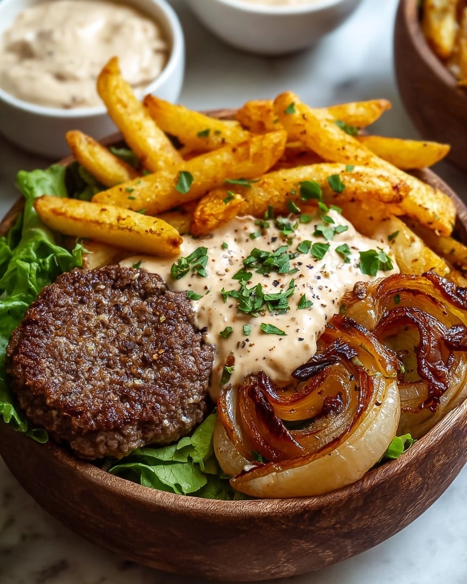 The image shows a wooden bowl filled with several layers of food on a white marbled texture. The bottom layer is a bed of green leafy lettuce. On the left side, there is a small, round, browned beef patty with a slightly rough texture. To the right of the patty, there is a creamy, light beige sauce with small pepper specks, topped with chopped green herbs. Above the sauce and patty, there is a pile of golden yellow to light brown French fries that look crispy. To the right of the fries, there are caramelized onion slices with a shiny, deep amber color and slightly burnt edges. In the background, slightly blurred, are two white bowls with creamy sauces. photo taken with an iphone --ar 4:5 --v 7