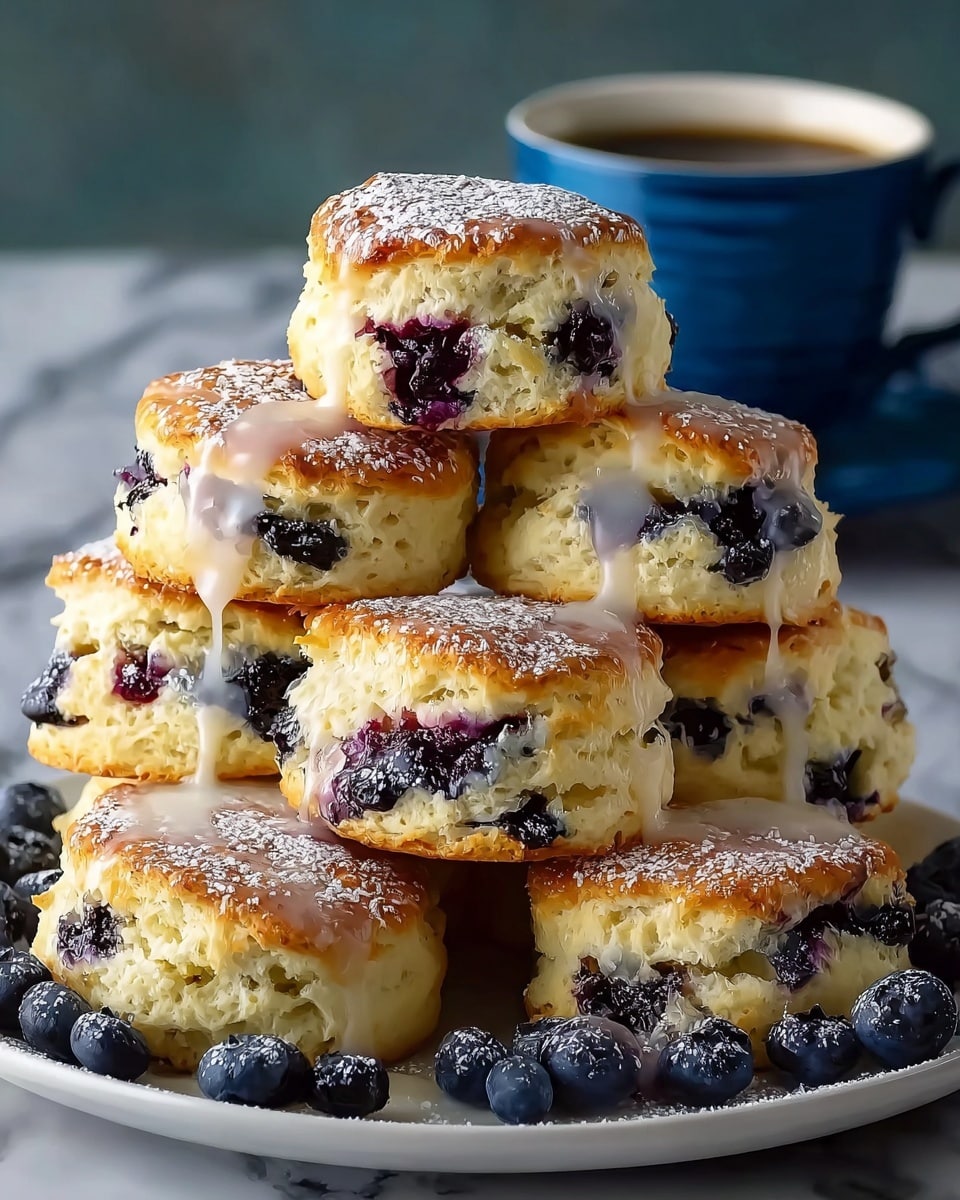 A stack of six golden-brown blueberry scones arranged in a pyramid shape on a white plate, each scone showing two thick layers with a soft, crumbly texture and filled with dark purple blueberries that break the pale yellow dough. The scones are sprinkled with white powdered sugar, and a glossy, white glaze drips down the sides of the top scone and some below. Fresh blueberries are scattered around the plate base. In the background, there is a blue cup filled with black coffee. The surface beneath the plate has a white marbled texture. photo taken with an iphone --ar 4:5 --v 7