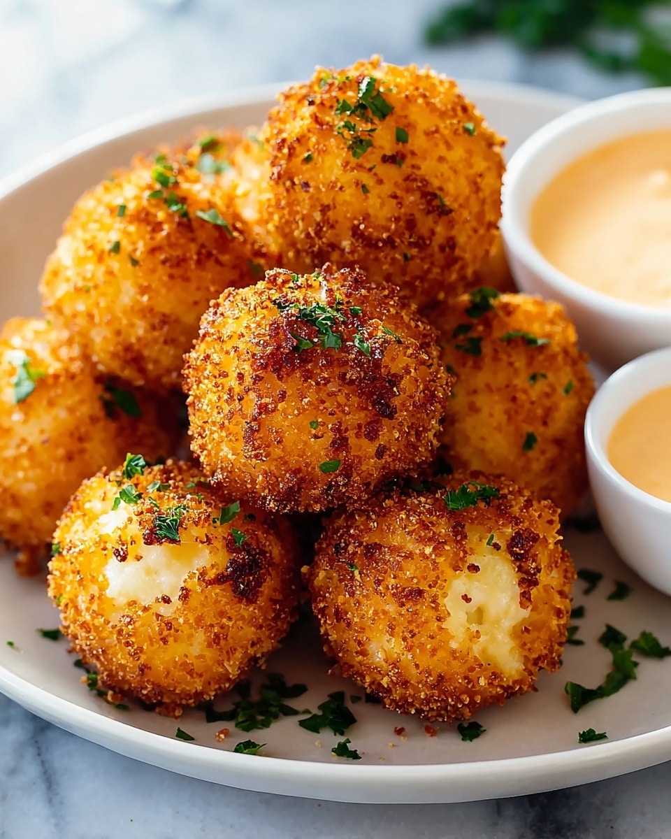 A close-up shot of golden brown, round crispy cheese balls stacked in a white plate, each ball coated in a crunchy breadcrumb layer with hints of darker toasted spots and small green parsley leaves scattered on top and around. On the right side of the plate, there is a small white bowl filled with creamy dipping sauce that is light orange in color. The background features a white marbled texture with a soft focus. photo taken with an iphone --ar 4:5 --v 7
