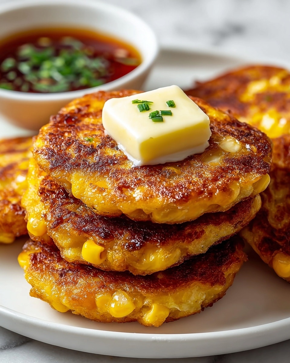 A white plate is stacked with four golden-brown corn fritters, each showing bits of bright yellow corn kernels and a crispy, slightly charred texture. On the top fritter, there is a square of melting pale yellow butter with two small green herb pieces on it. Behind the stack, a white bowl holds a dark reddish-brown dipping sauce sprinkled with green herbs. The scene rests on a white marbled texture surface. photo taken with an iphone --ar 4:5 --v 7