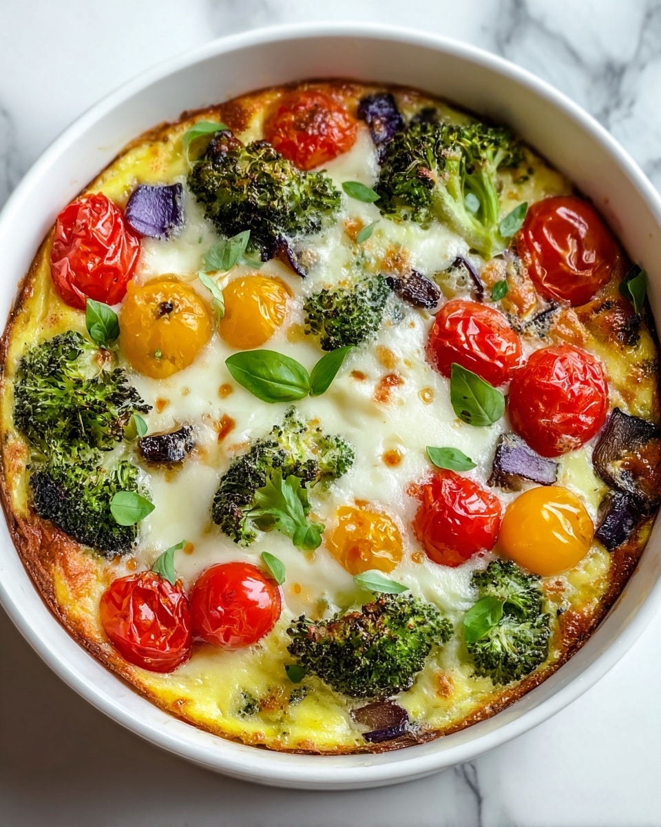 A baked dish served in a white round bowl with three main layers: the bottom layer is a light yellow cooked egg base, the middle layer is melted white cheese with some light browning spots, and the top layer is made up of colorful vegetables including green broccoli florets, red and yellow cherry tomatoes, and small pieces of purple eggplant, all slightly roasted with a browned texture. Some small green basil leaves are scattered on the top. The dish is placed on a white marbled surface. photo taken with an iphone --ar 4:5 --v 7