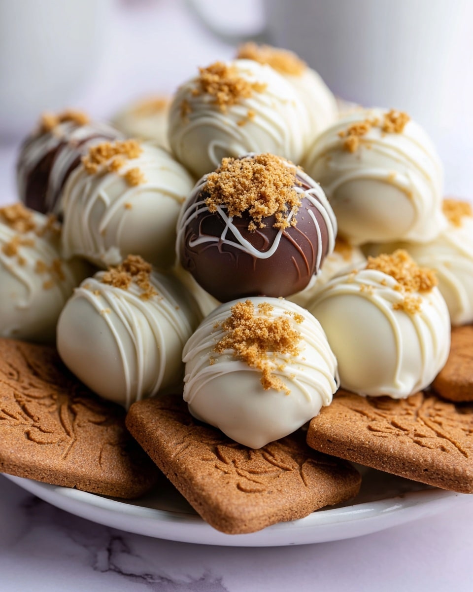 The image shows a close-up of round truffles piled together on a white plate resting on a white marbled surface. Most truffles have a smooth white chocolate coating with thin white chocolate drizzle on top, some are sprinkled with golden brown crumbs. Among them is one truffle with a dark brown chocolate coating and dark chocolate drizzle with crumb topping. In the foreground, two rectangular brown cookies with embossed leaf patterns partially cover the truffles, showing a textured and crumbly surface. Photo taken with an iphone --ar 4:5 --v 7