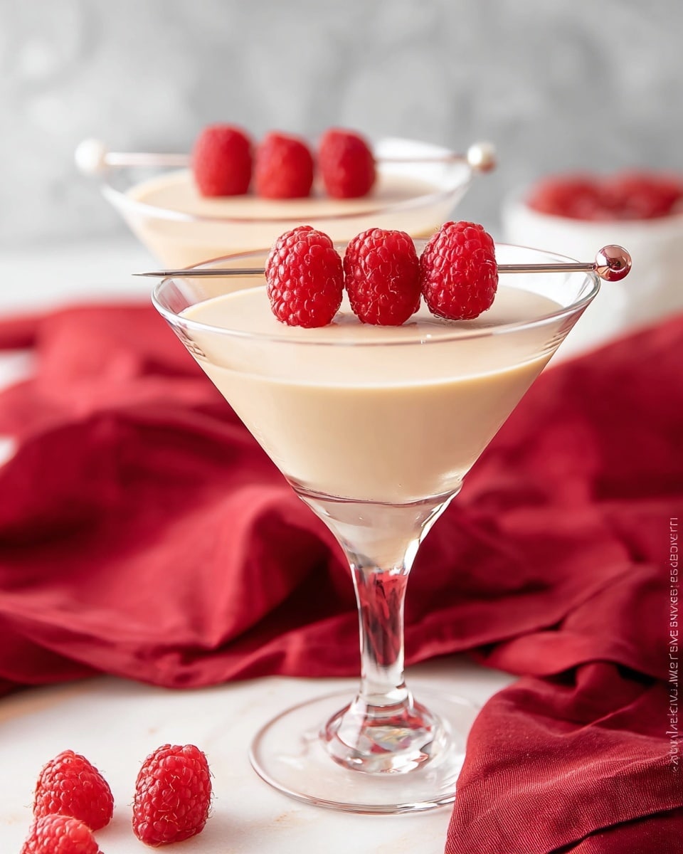 Two clear martini glasses filled with creamy light beige liquid, each topped with a skewer holding three bright red raspberries and a small white pearl at the end. The glass rims are thin and clear, sitting on a white marbled textured surface covered partially by a crumpled red cloth with a few loose raspberries scattered around. The background is blurred with soft light, emphasizing the smooth, velvety texture of the drinks. photo taken with an iphone --ar 4:5 --v 7