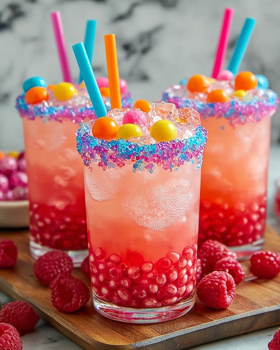 Two short clear glasses hold a bright red drink filled with large ice cubes, with blue sugar crystals lining the rims. Each glass sits on a white plate-sized napkin designed with red and white stripes, blue edges, and white stars. A small American flag on a wooden stick lies in front of the closer glass. The background is a white marbled surface. photo taken with an iphone --ar 4:5 --v 7