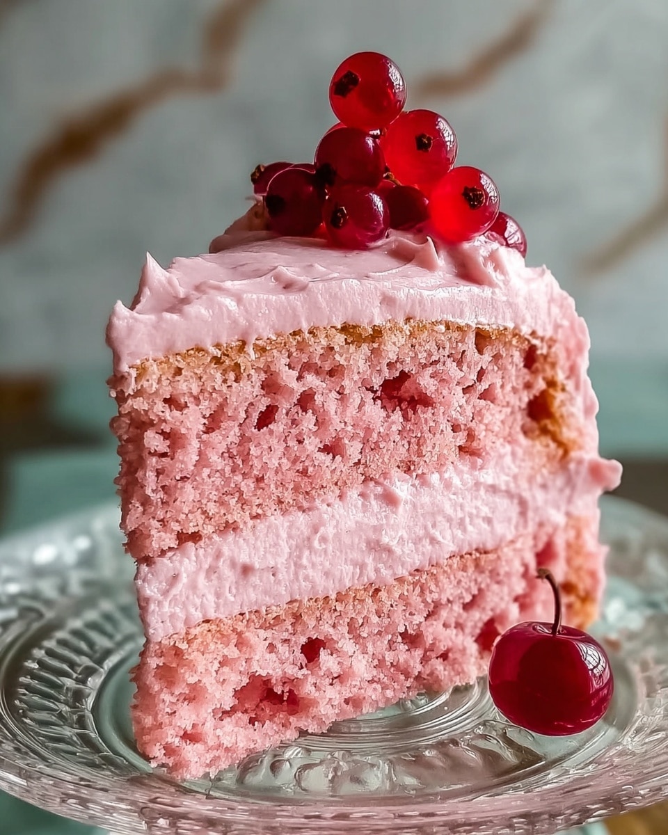 A small round cake with three layers is shown, each layer inside swirled with white, pink, and dark brown colors creating a marble effect. The outside is covered in a light cream-colored frosting with smooth, soft texture. One side of the cake is decorated with pink and light pink petal-shaped frosting patterns, forming a flower-like design that stands out against the cream frosting. The cake is lifted slightly on a metal spatula from a dark wooden round board. The background is a white marbled surface with a blurred vase of pink flowers. Photo taken with an iphone --ar 4:5 --v 7