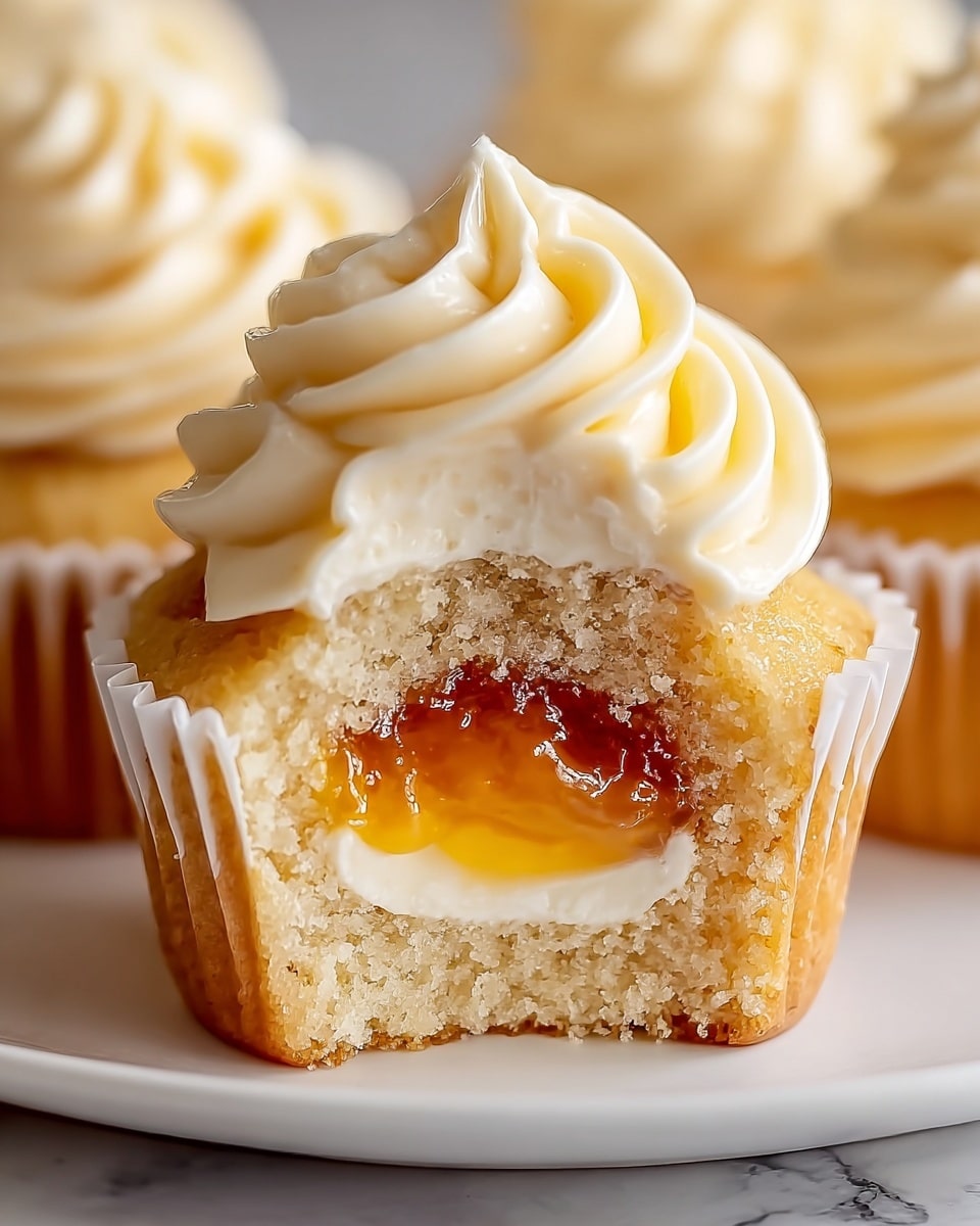 A close-up image shows a mini cupcake with three visible layers. The bottom layer is a light beige, soft, and moist cake base inside a white paper liner. The middle layer is a smooth, white cream filling topped with a glossy golden yellow jelly-like jam in the center. The top layer is fluffy, light brown cake covering the cream and jam, with a swirl of pale cream-colored frosting piped prettily on top. The cupcake is placed on a white plate with a white marbled texture surface in the background. Photo taken with an iphone --ar 4:5 --v 7