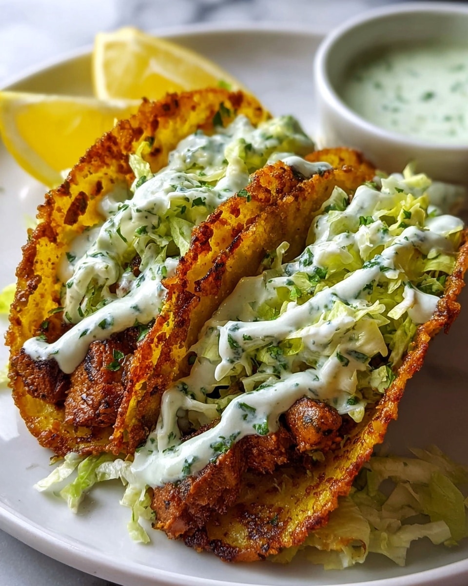 Two tacos are placed on a white plate over a white marbled surface. Each taco has three clear layers: the first layer is crispy, golden-brown taco shells with a textured, slightly charred edge. The second layer inside the shells is made up of grilled, browned meat pieces with a few char marks. The third layer on top is shredded pale green lettuce scattered evenly, drizzled with white creamy sauce streaked with green herbs. In the back right, a white bowl with light green sauce is partly visible, and a wedge of yellow lemon sits behind the tacos. Photo taken with an iphone --ar 4:5 --v 7