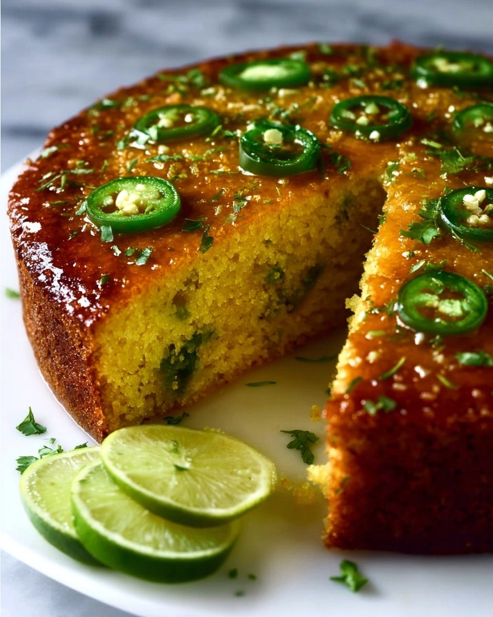 A thick, golden cornbread is shown with a slice cut out, revealing a moist, dense inside with green flecks throughout. The top layer is browned and shiny with a glaze, decorated with thin, green jalapeño slices and small pieces of fresh green herbs scattered on the surface. In the foreground, there are two thin slices of lime resting next to the cornbread on a white plate. The plate sits on a white marbled textured surface. photo taken with an iphone --ar 4:5 --v 7