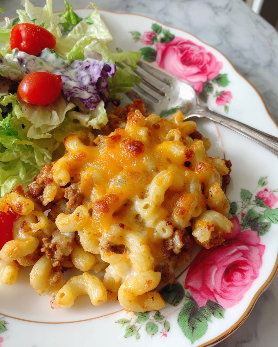 On a white plate with a pink rose and green leaves pattern, there is a dish of baked macaroni and cheese topped with melted golden-yellow cheddar and white cheese that is slightly browned in spots. The macaroni is curly and creamy, with visible bits of browned ground beef mixed in. On the side, there is a small portion of fresh salad made of light green lettuce, purple cabbage, and bright red cherry tomatoes, lightly covered with creamy dressing. The plate is set on a white marbled surface, and a spoon is partially visible above the salad. photo taken with an iphone --ar 4:5 --v 7