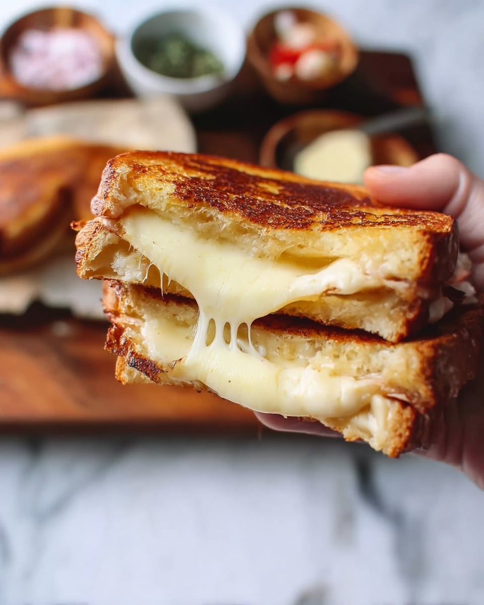A close-up view of a grilled cheese sandwich held by a woman's hand, showing two layers of thick, golden brown toasted bread with melted, creamy white cheese oozing out from between the slices, slightly stretching. The sandwich has a crisp, toasted texture with a smooth, gooey cheese layer inside, and the background shows a white marbled surface with a wooden board and small bowls of ingredients blurred out. Photo taken with an iphone --ar 4:5 --v 7