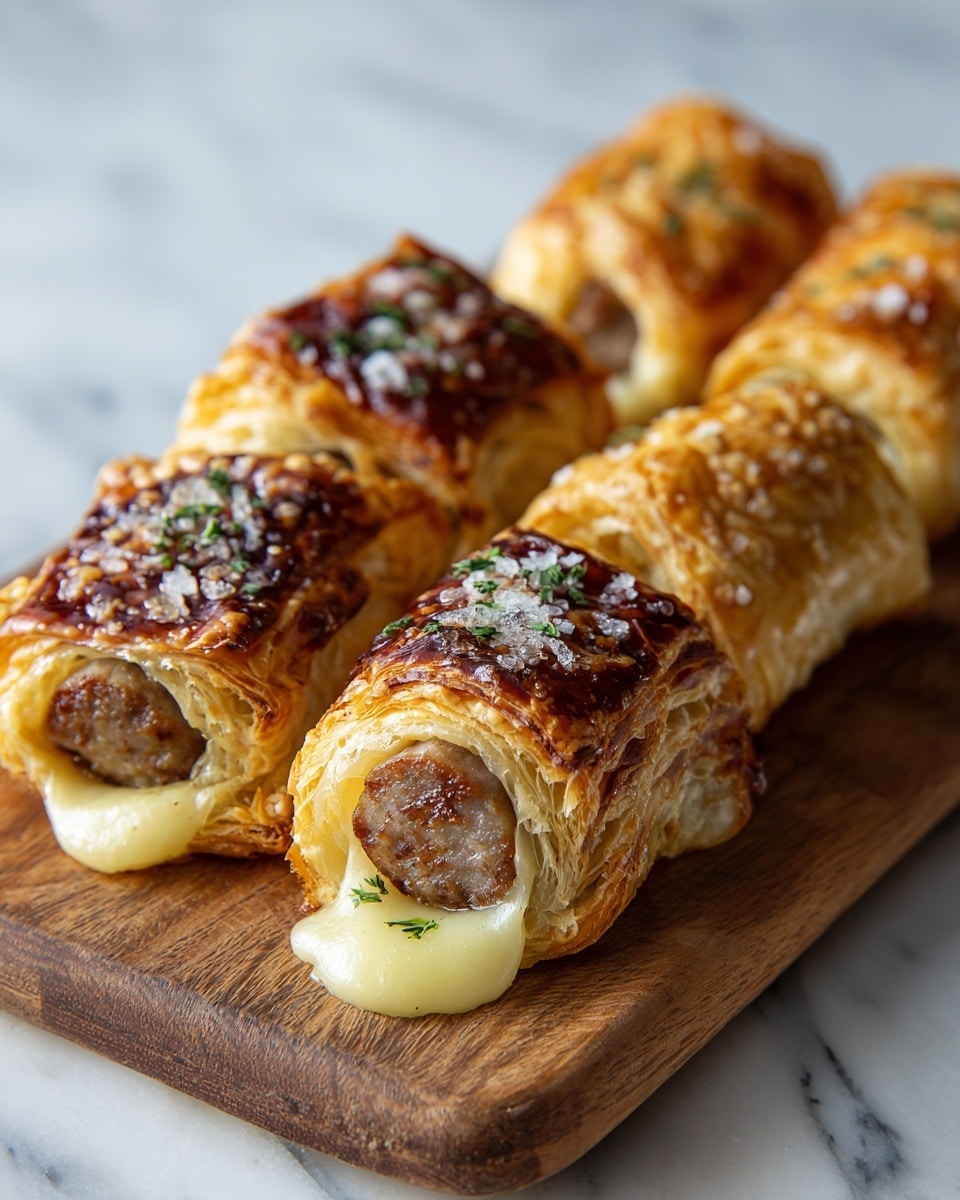 Four wrapped sausage pastries lie side by side on a wooden cutting board over a white marbled surface. Each pastry has three main layers: a dark brown, shiny outer puff pastry wrap with a textured crust sprinkled with white coarse salt and small green herbs, a middle layer of melted pale yellow cheese oozing slightly out from one end, and at the center a plump, browned sausage with grill marks visible near the exposed end. The pastries are close together, showing flaky layers and a warm, golden glow. Photo taken with an iphone --ar 4:5 --v 7