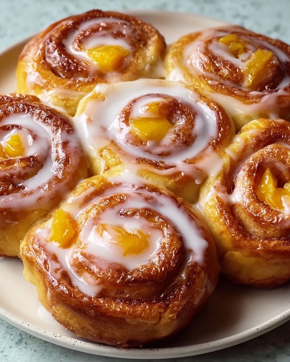 A close-up view of six golden-brown cinnamon rolls arranged tightly in a white plate, each swirl showing a soft, shiny dough layer with a rich brown crust and visible pieces of bright yellow fruit, likely peach, tucked inside the spirals; the rolls are topped with a smooth, white glaze that drips slightly down the sides, contrasting with the warm tones of the baked dough, all set against a white marbled background. photo taken with an iphone --ar 4:5 --v 7