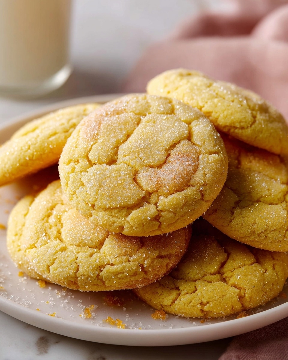 A close-up view of a pile of soft, round yellow cookies stacked on a white plate. Each cookie has a rough texture with visible cracks on the surface, and they are covered with a fine layer of sugar granules that sparkle under the light. The cookies appear slightly thick and chewy, with some sugar grains scattered around the base on the white marbled surface. In the background, there is a blurred white glass partially visible on the left side. The overall color palette is warm yellows and soft neutrals, with the plate resting on a light pink cloth. Photo taken with an iphone --ar 4:5 --v 7