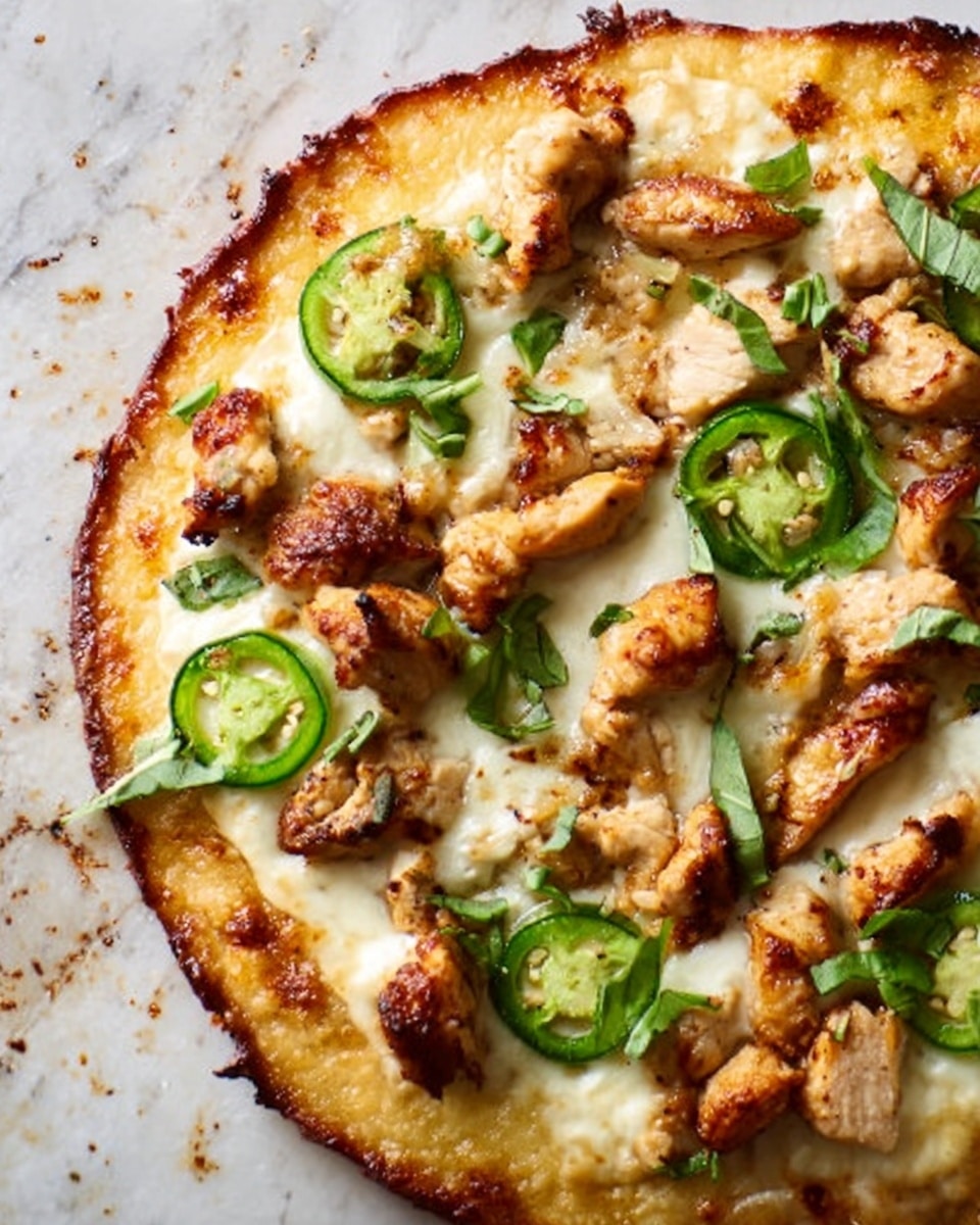 A close-up image of a small pizza with one crust layer that is golden and slightly crispy on the edges. The pizza is topped with a creamy white layer of melted cheese that spreads evenly across the crust. On top of the cheese are several pieces of browned, grilled chicken scattered around, alongside green slices of jalapeño peppers. There are small fresh green basil leaves placed sporadically over the toppings. The pizza rests on a white marbled surface. Photo taken with an iphone --ar 4:5 --v 7