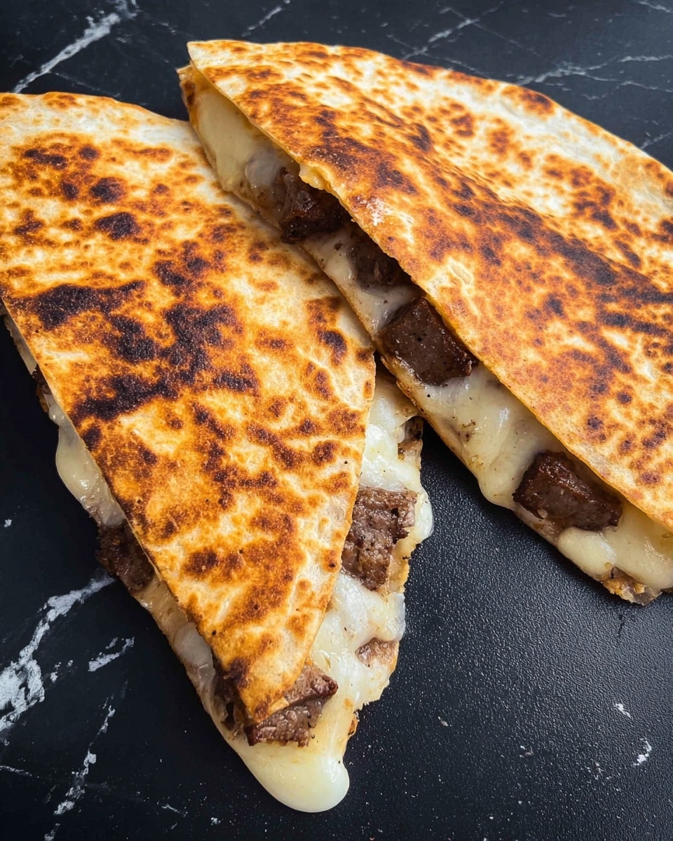 Two folded quesadillas lie on a black cooking surface with a white marbled texture background. Each quesadilla has a golden brown, slightly charred outer tortilla showing crisp and toasted spots. Inside, the melted cheese layer is creamy white and gooey, stretching slightly out from the fold, with chunks of cooked meat in dark brown cubes nestled within the cheese layer. The quesadillas are thick, around two layers: one crispy tortilla folded over a rich filling of meat and cheese. The overall look is warm and hearty. photo taken with an iphone --ar 4:5 --v 7