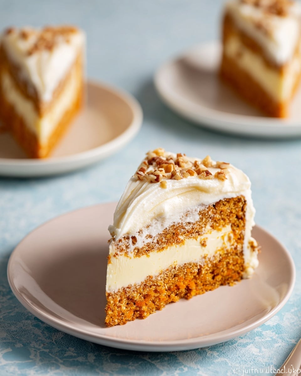 A slice of cake is shown on a white plate with a white marbled texture surface. The cake has three visible layers: a bottom layer with a dense, textured orange-brown color that looks like carrot cake, a middle creamy layer that is pale yellow and smooth, and a top layer covered with white frosting that is slightly glossy and thick. The top edge is sprinkled with small chopped nuts that add a crunchy texture and a brown color contrast. In the background, two more slices of the same cake are seen on white plates, slightly out of focus. Photo taken with an iphone --ar 4:5 --v 7