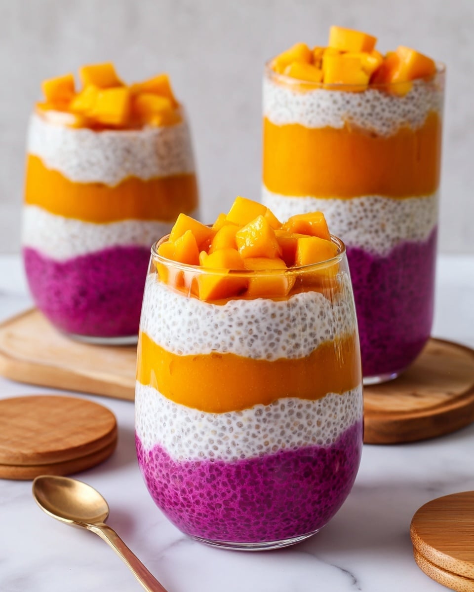 The image shows three clear glasses filled with six distinct layers of chia pudding and fruit purees on a white marbled surface. The bottom layer is purple chia pudding, with small chia seeds visible, topped by a smooth white layer of yogurt or cream. Above that is a bright orange mango puree layer, followed by another layer of purple chia pudding, then another white yogurt layer, and finished with an orange layer topped with small cubes of fresh mango. Two taller glasses with the same layering appear in the background. A wooden spoon and two wooden lids lie on the surface nearby. photo taken with an iphone --ar 4:5 --v 7
