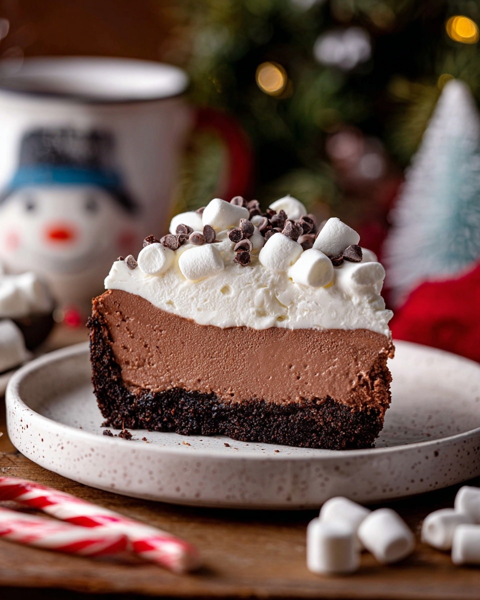 A slice of chocolate cheesecake sits on a white speckled plate, showing three clear layers: a dark brown crumbly base, a thick middle layer of smooth chocolate filling, and a top layer of white whipped cream with small white marshmallows and scattered chocolate chips on it. The plate is placed on a wooden table with some small marshmallows and a red and white candy cane visible in front. In the background, there is a blurred winter-themed decoration and a white mug with a blue rim that looks like a snowman. The scene is cozy with warm lighting and a white marbled texture surface beneath the setup. photo taken with an iphone --ar 4:5 --v 7