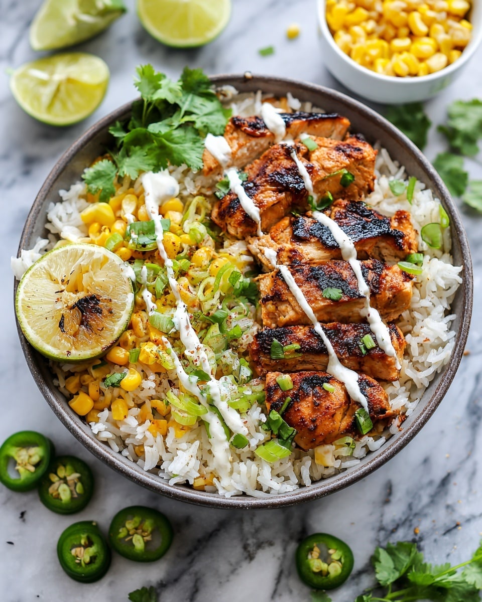 A bowl filled with a base layer of white rice mixed with bright yellow corn kernels and chopped green onions, topped with two sections of grilled chicken pieces that are golden brown with charred marks, garnished with fresh green cilantro leaves and a drizzle of creamy white sauce. A halved lime with char marks sits on the side of the bowl along with sliced green jalapeño peppers scattered around. The bowl is placed on a white marbled surface with some lime halves and a small white bowl of corn and sauce in the background, showing a cozy and fresh food setting. photo taken with an iphone --ar 4:5 --v 7