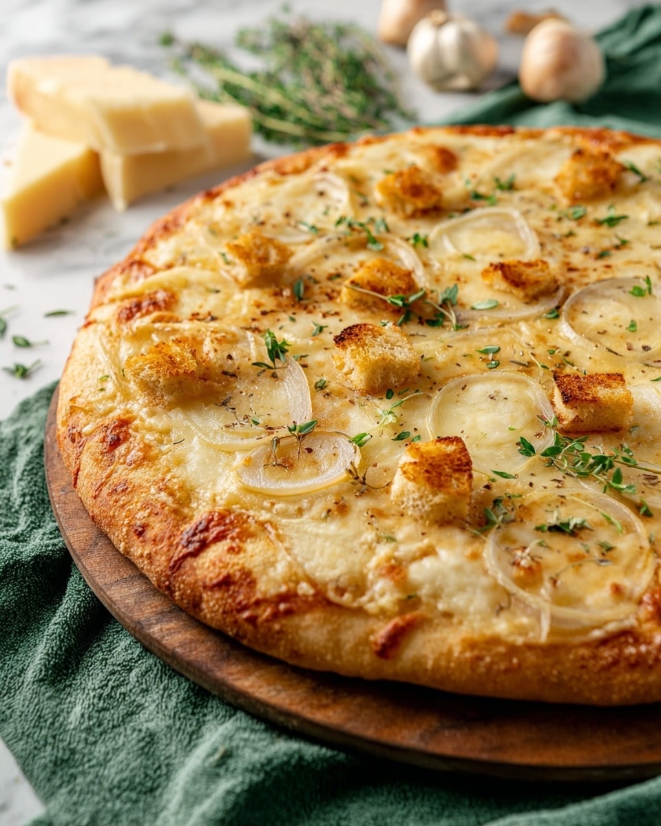 A close-up view of a round pizza placed on a wooden board over a white marbled surface with a green cloth underneath. The pizza has a golden-brown crust, topped with melted pale yellow cheese spread evenly across the surface. There are thin, translucent slices of light caramelized onions scattered around, with small golden-brown croutons placed unevenly on top. Fresh green herb leaves are sprinkled delicately over the pizza. In the background, there are wedges of cheese and more herb sprigs resting on the same green cloth. Photo taken with an iphone --ar 4:5 --v 7