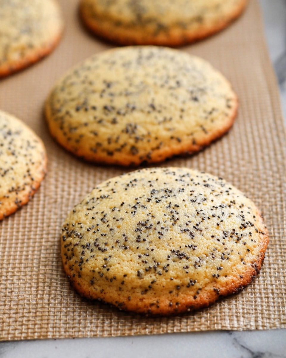 The image shows several round cookies on a baking mat with a light brown color and visible black poppy seeds spread evenly across each cookie. The cookies have a slightly bumpy texture on the surface, with edges that are a bit darker golden brown, showing they are baked. The background features a white marbled texture, and the cookies lie flat on the mat with a soft, slightly risen shape. Photo taken with an iphone --ar 4:5 --v 7