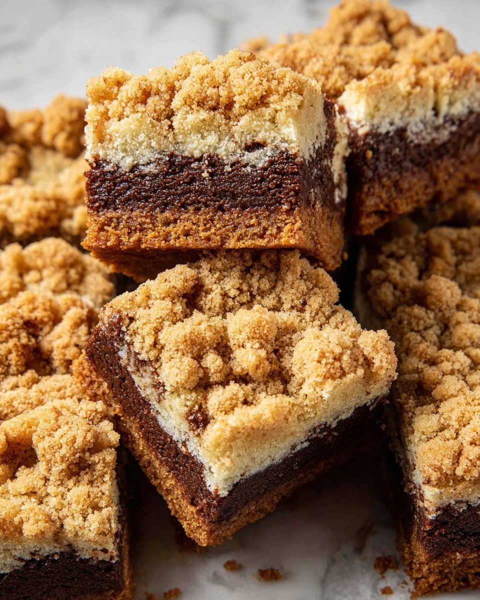 The image shows several square pieces of crumb cake stacked close together on a white marbled surface. Each piece has two main layers: a thick, dark brown base layer with a moist texture, topped by a golden-brown crumbly layer that looks uneven and rough with clumps of crumb topping scattered all over. The crumb layer varies in size and covers the whole surface of each piece, creating a crunchy contrast to the soft cake underneath. One piece is turned to show the side, clearly displaying the two distinct layers and their different textures. photo taken with an iphone --ar 4:5 --v 7