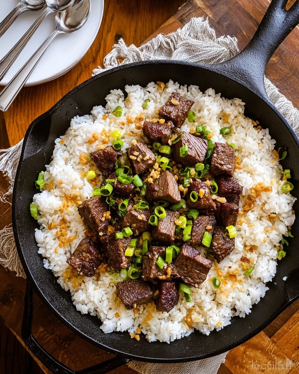 The image shows a black cast iron pan filled with a base layer of white, fluffy cooked rice scattered with small pieces of golden-brown fried garlic. On top, there is a generous layer of dark brown, cubed cooked beef with a slightly seared texture. The beef is garnished with bright green sliced scallions, adding a fresh contrast. The pan sits on a wooden surface with some kitchen items around, including a white plate with two spoons on the left. The overall colors highlight the warm golden tones of the garlic, rich brown beef, and fresh green scallions against the soft white rice. photo taken with an iphone --ar 4:5 --v 7