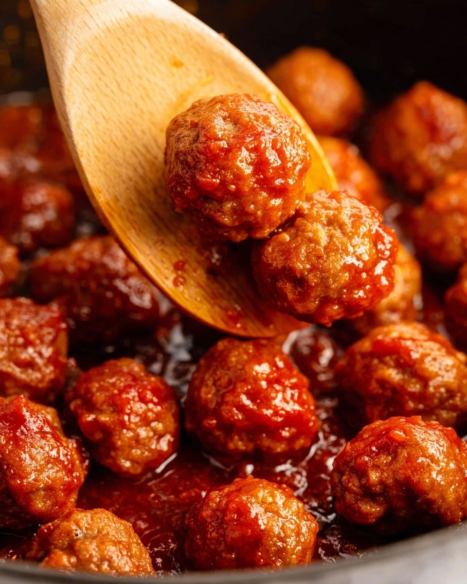 A close-up view of many small meatballs covered with a shiny, thick red sauce. The meatballs are round and have a slightly rough texture. A wooden spoon is lifting some of the meatballs, showing their coating of sauce. The background shows more meatballs, with a slight reflection from the sauce on the cooking surface. The whole scene is set on a white marbled texture. photo taken with an iphone --ar 4:5 --v 7