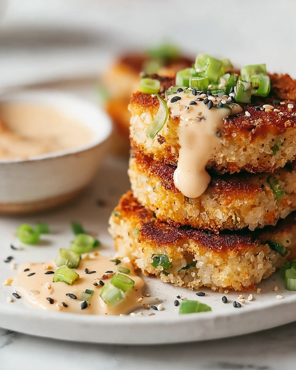 The image shows a close-up of three golden brown patties stacked on a white plate with a white marbled texture surface. The patties have a crispy, crunchy outer layer with bits of green herbs and breadcrumbs visible in the texture. The top patty is topped with a light tan creamy sauce that drips slightly over the edges. This sauce is garnished with sliced green onions and small black sesame seeds scattered on and around the patties. In the blurry background, a white bowl containing more of the creamy sauce can be seen. photo taken with an iphone --ar 4:5 --v 7