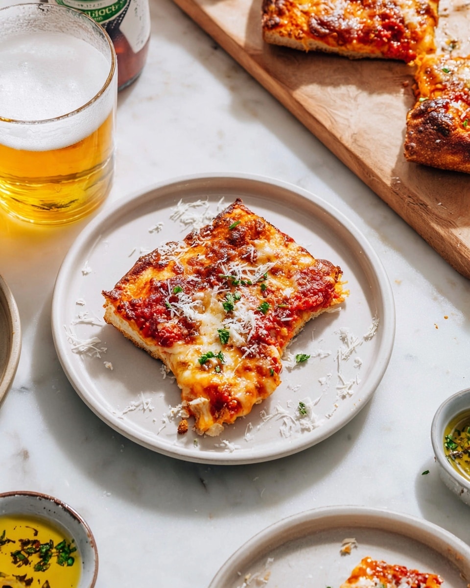 A square slice of cheese pizza with a bite taken out of the top right corner sits on a round white plate, showing three main layers: a golden brown and slightly crispy bottom crust, a middle layer of melted creamy mozzarella cheese with some browned spots, and a top layer of bright red tomato sauce dotted with small bits of green herbs and grated white cheese. Scattered crumbs and cheese shreds lie around the pizza slice on the plate. In the background, parts of more pizza slices rest on a wooden board, and nearby are a glass of golden beer with foam on top and a small bowl of oil with green herb flakes, all placed on a white marbled surface. photo taken with an iphone --ar 4:5 --v 7