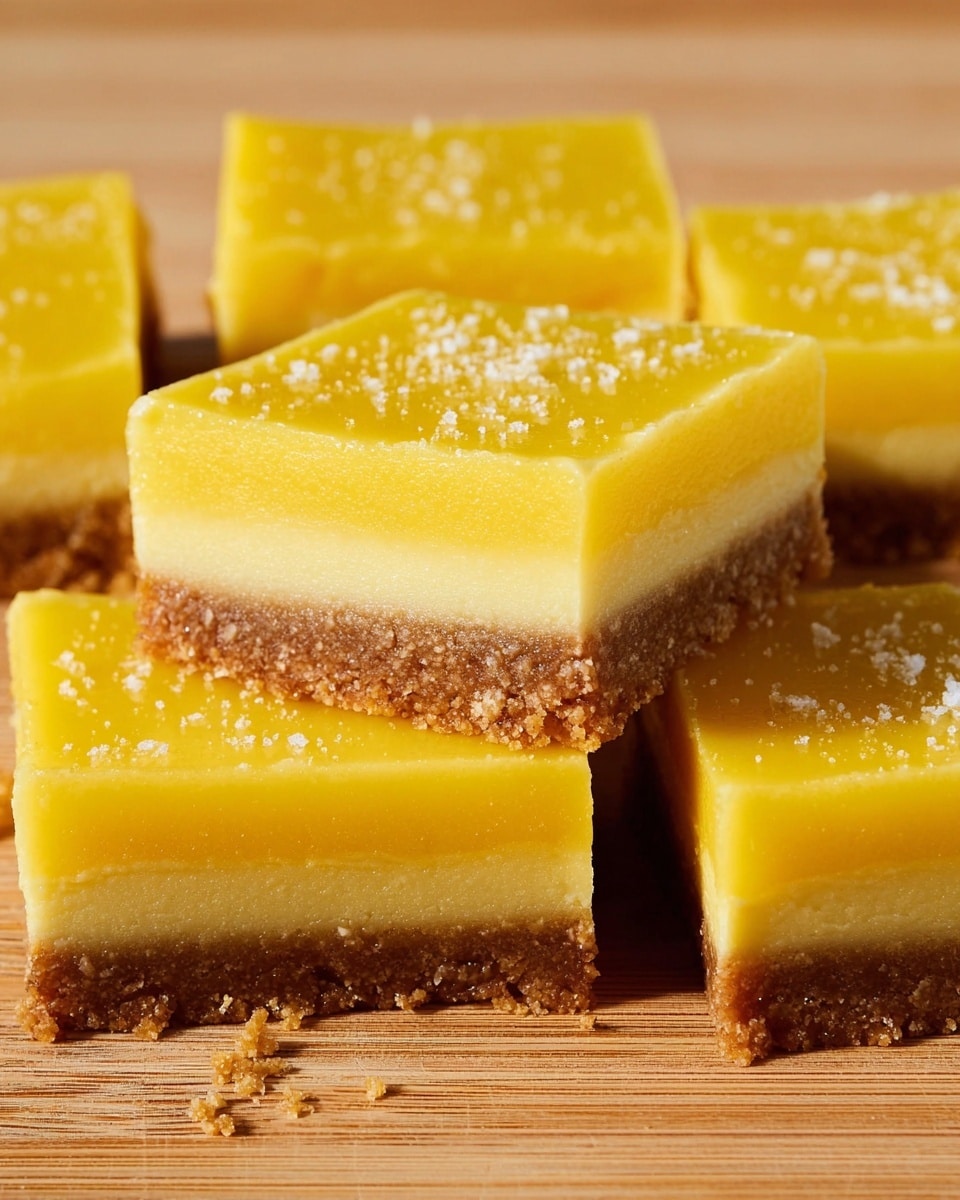 The image shows square-shaped lemon bars with three clear layers: a crumbly brown crust at the bottom, a thick and smooth bright yellow lemon filling in the middle, and a pale yellow glossy top layer. The bars are neatly cut and placed closely on a light wooden surface with some crumbs around. photo taken with an iphone --ar 4:5 --v 7