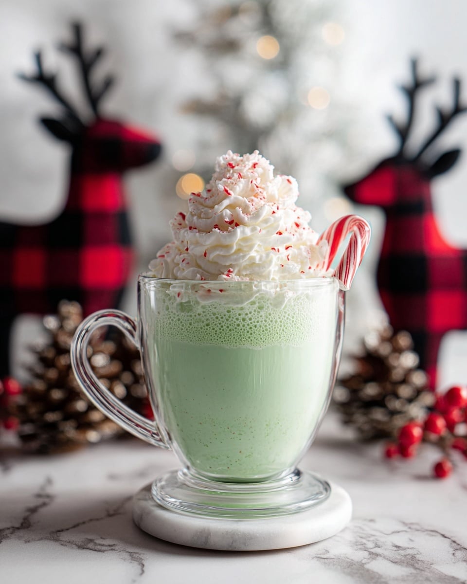 A clear glass cup with a handle is filled with a smooth light green drink, topped with a large swirl of white whipped cream sprinkled with small red flakes. A red and white striped candy cane is hooked on the right side of the cup. The cup sits on a white marble coaster, placed on a white marbled surface. In the blurred background, there are pine cones, red berries, and two plaid reindeer decorations, one red and black and one black and white, adding a festive touch. Photo taken with an iphone --ar 4:5 --v 7