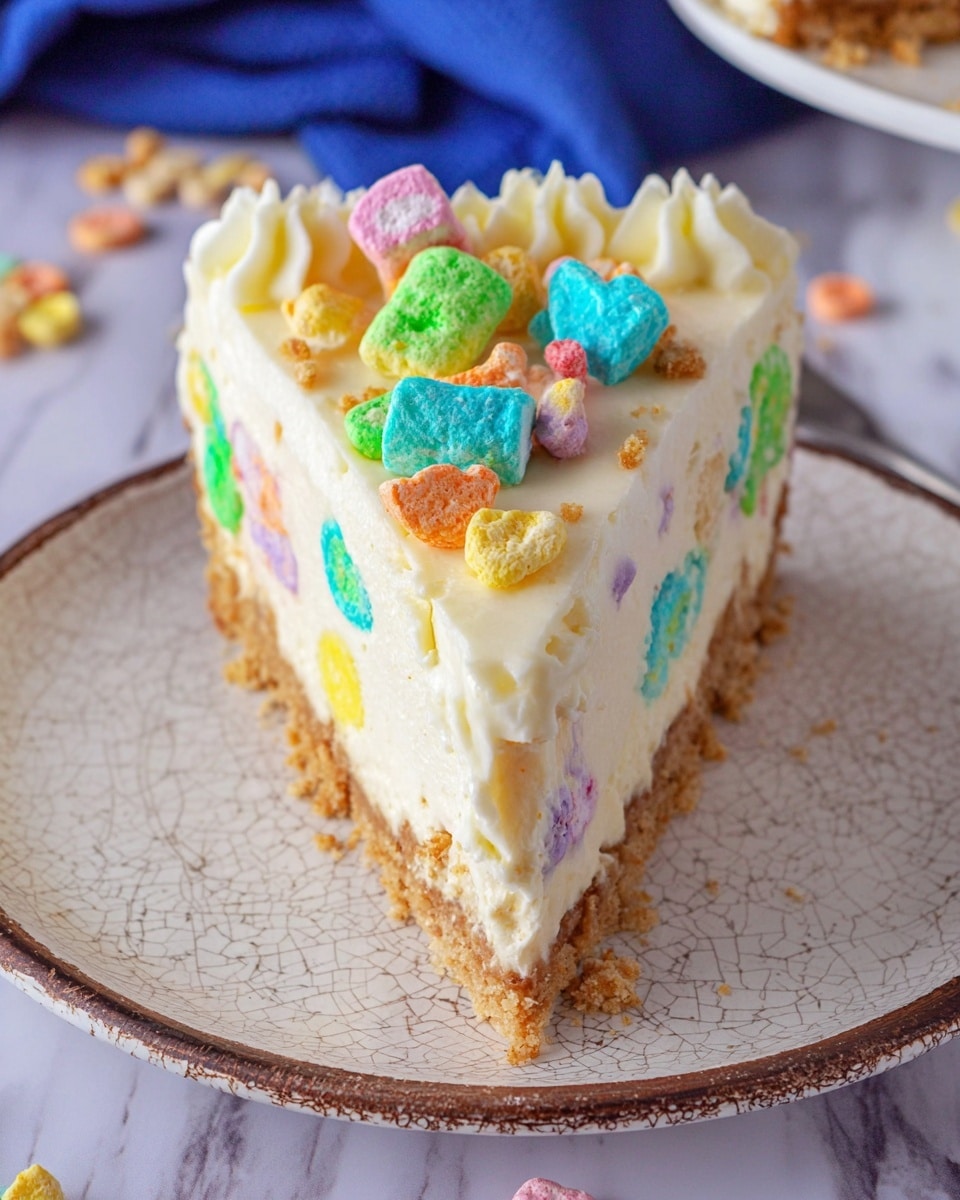A slice of cake with three layers sits on a white plate with a rough brown edge and fine cracks. The bottom layer is a thin, light brown crumb crust. The thick middle layer is creamy white with colorful marshmallows and cereal pieces embedded inside, showing bright shades of green, blue, orange, purple, and pink. The top layer is a smooth, pale cream with crunchy cereal bits and more colorful marshmallows on top, along with piped white frosting along the edge. The background is a white marbled surface with a blue cloth and some scattered cereal pieces visible. Photo taken with an iphone --ar 4:5 --v 7