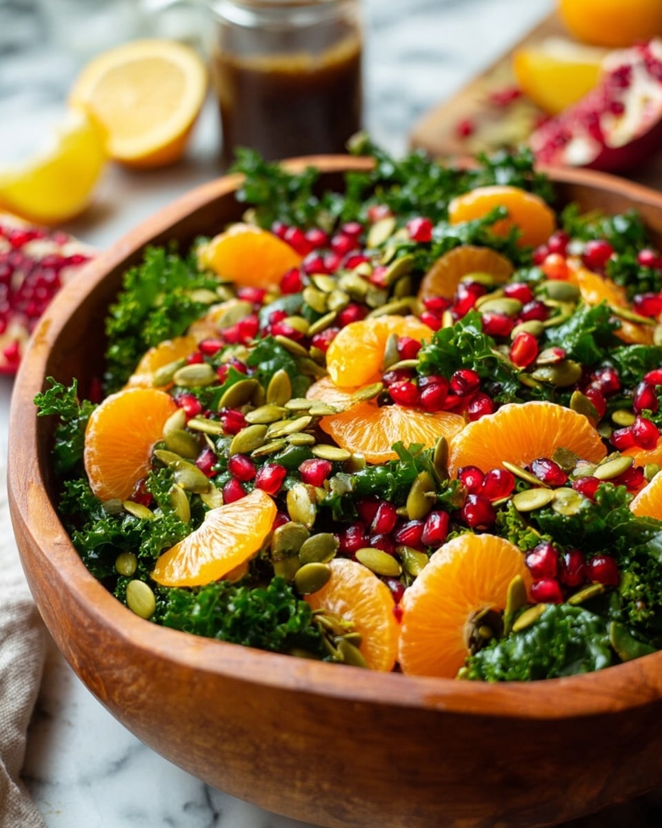 A large wooden bowl filled with a fresh salad is set on a white marbled surface. The salad has three main layers visible: a base of dark green curly kale leaves, scattered bright orange mandarin slices evenly placed throughout, and topped with red pomegranate seeds and light green pumpkin seeds spread on top. In the background, there are blurred elements including lemon slices and pomegranate seeds, along with a glass jar of a dark dressing. photo taken with an iphone --ar 4:5 --v 7