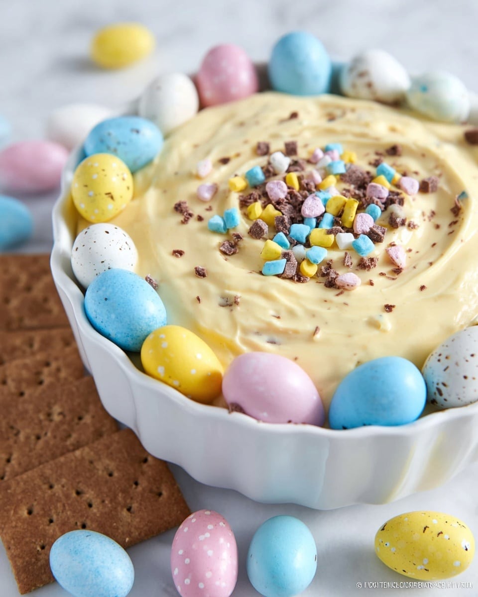 A white scalloped bowl filled with creamy, light yellow dip that has small bits of chocolate mixed in. The top layer of the dip is smooth with a swirl pattern, sprinkled with chopped pieces of colorful pastel candy-coated chocolate eggs in blue, yellow, pink, white, and brown. Around the edge of the bowl, there is a ring of whole pastel-colored candy eggs in blue, yellow, pink, and white with small brown speckles. The bowl sits on a white marbled surface with rectangular chocolate graham crackers nearby and some more pastel candy eggs scattered around. photo taken with an iphone --ar 4:5 --v 7
