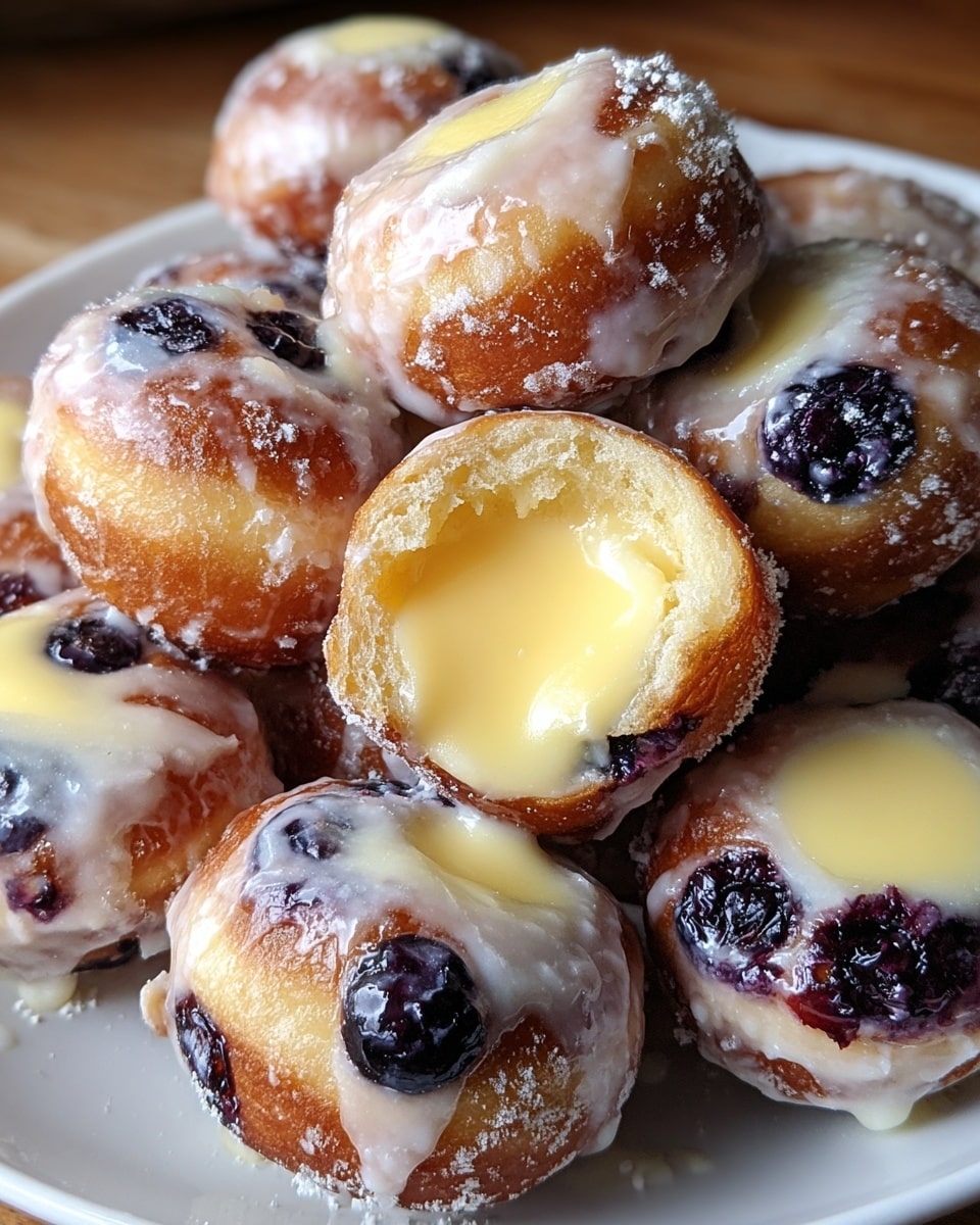 A close-up of a white plate filled with small round blueberry donuts that are glazed with a shiny white icing. Each donut is coated with a light dusting of powdered sugar and has visible blueberries embedded in the golden brown dough. The donuts are hollowed in the center and filled with a smooth, creamy yellow custard that slightly oozes out. The texture of the donut surface is soft and slightly crispy, showing the glaze dripping down the sides. The plate is placed on a wooden surface, but the background should be imagined as a white marbled texture. photo taken with an iphone --ar 4:5 --v 7
