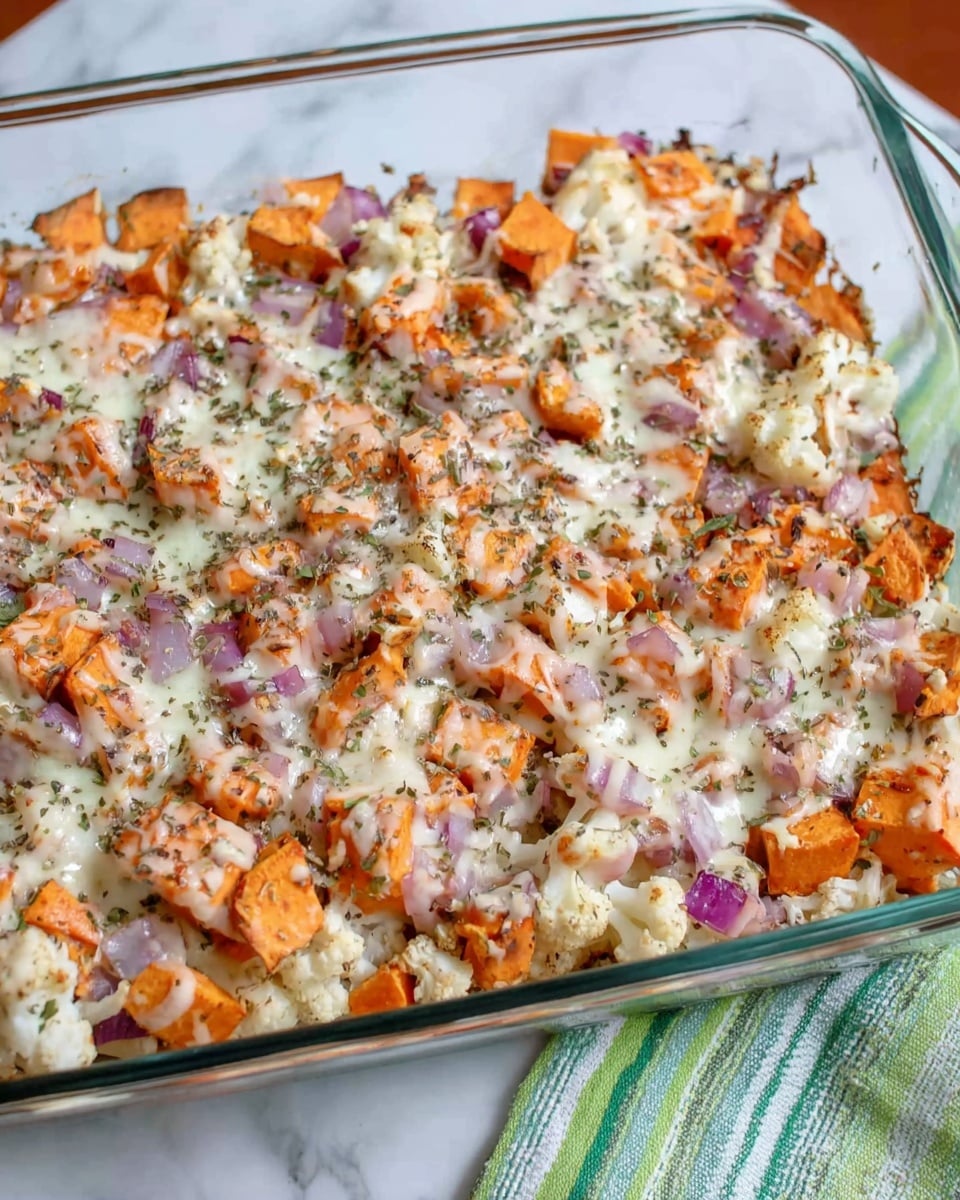 A clear rectangular glass baking dish filled with a layered casserole. The bottom layer appears to be chunky white cauliflower pieces. Above that is a layer of small diced orange sweet potatoes mixed with bits of purple-red onion spread evenly across. The top is covered with melted white cheese that has browned slightly in spots, with herbs and black pepper sprinkled over. The dish is placed on a surface with a white marbled texture and a green and white striped cloth partially visible underneath. Photo taken with an iphone --ar 4:5 --v 7