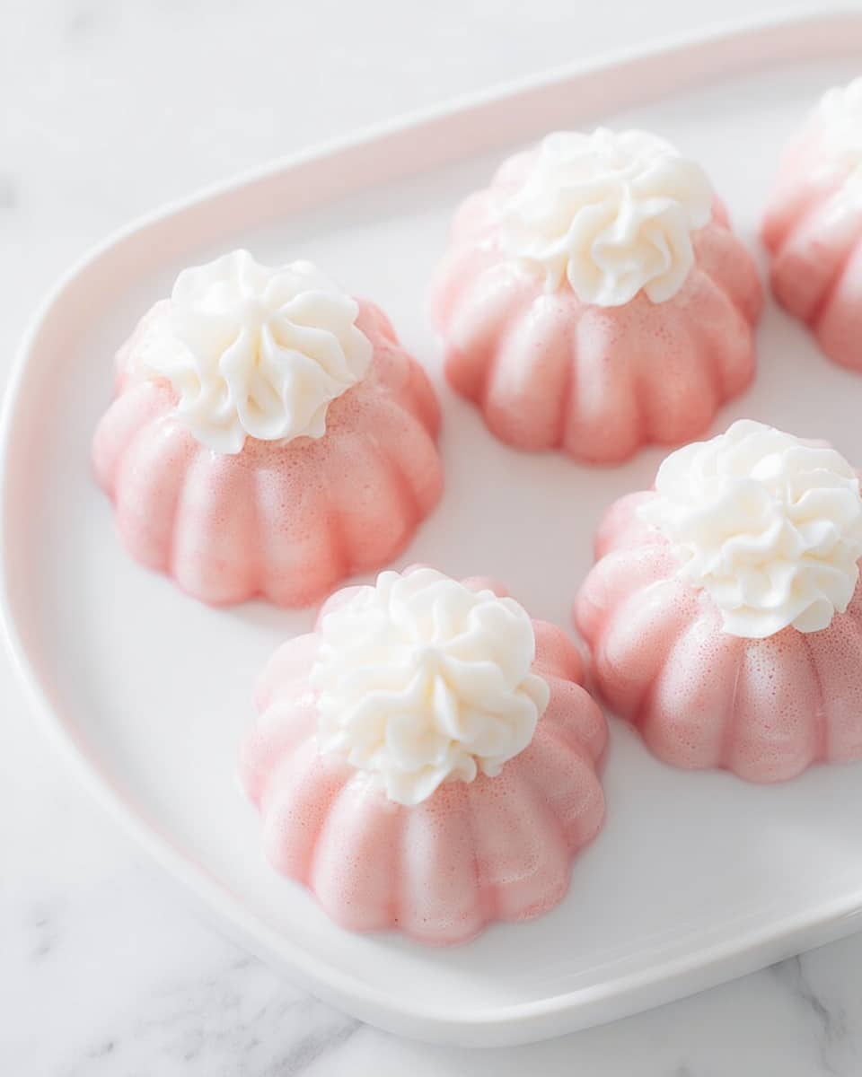 The image shows four small, round pink desserts arranged on a white plate. Each dessert has a fluted shape with soft ridges on the pink base layer that looks smooth and slightly glossy. On top of each pink base is a swirl of white cream, piped to form delicate petal-like textures and a soft, fluffy appearance. The desserts are evenly spaced, and the white plate sits on a white marbled surface, giving the scene a clean and bright look. photo taken with an iphone --ar 4:5 --v 7