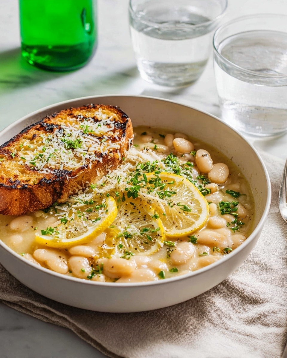 A white bowl filled with a creamy, thick white bean soup that includes whole large white beans and is garnished with fresh green herbs and black pepper. On top lies a grilled slice of bread with a golden-brown crust, sprinkled with grated white cheese and herbs. Two thin lemon slices rest on the soup's surface, adding a bright yellow color. The bowl is placed on a light beige cloth on a white marbled surface. Nearby are two clear glasses of water and a green glass bottle. photo taken with an iphone --ar 4:5 --v 7