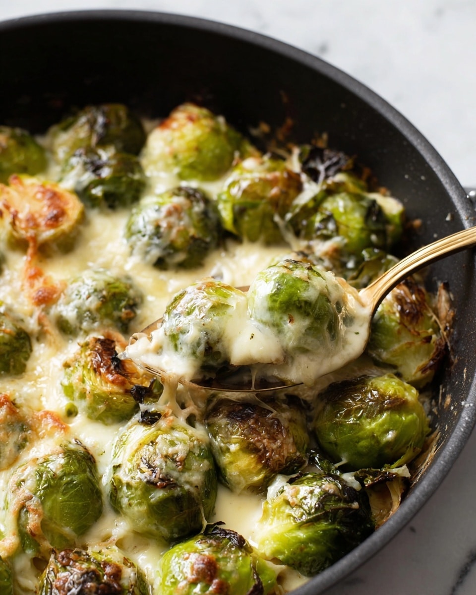The image shows a close-up of cooked Brussels sprouts covered with melted cheese in a black skillet. The Brussels sprouts are green with some browning and char marks, giving a roasted and slightly crispy look. The cheese is creamy white, melted unevenly over the Brussels sprouts, adding a gooey texture. A gold spoon is scooping some of the Brussels sprouts, showing the soft, juicy inside. The background is a white marbled texture. photo taken with an iphone --ar 4:5 --v 7