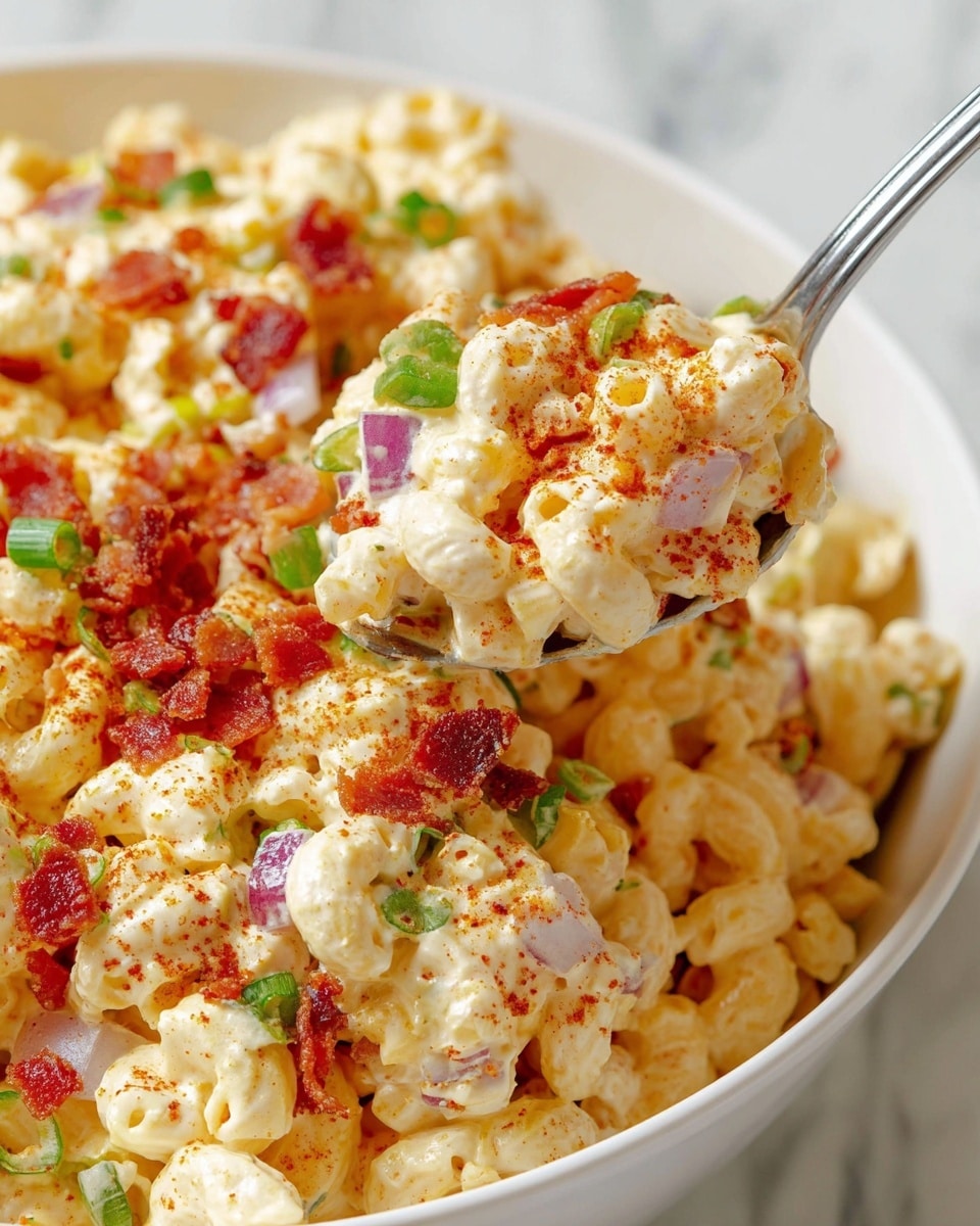 A close-up image of a creamy macaroni salad in a white bowl on a white marbled surface, showing three main layers: a base layer of elbow macaroni coated in a thick, light yellow mayonnaise sauce, mixed with small pieces of purple-red onion; a middle layer sprinkled with bright red crispy bacon bits and chopped green onions adding vibrant red and green colors; and a top layer dusted with a fine layer of reddish paprika powder, adding texture and warmth to the dish. A shiny spoon lifts a portion of the salad, showing the creamy texture and ingredients clearly. Photo taken with an iphone --ar 4:5 --v 7